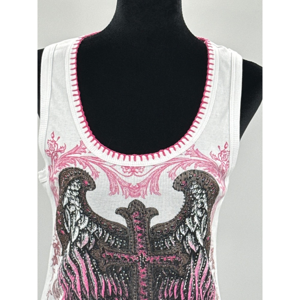 Vocal Womens Ribbed Tank Top White Pink Angel Wings Cross Rhinestone Y2K Large - Picture 3 of 8